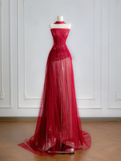 Robe de bal rouge bustier trapèze simple avec foulard, robe de soirée longue, robe de fête d'anniversaire N376