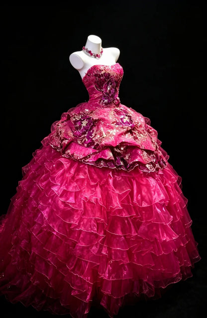 Robe de bal de princesse bustier rose vif à volants superposés avec fleurs Robes Douces 16 Robe de Quinceanera N4187