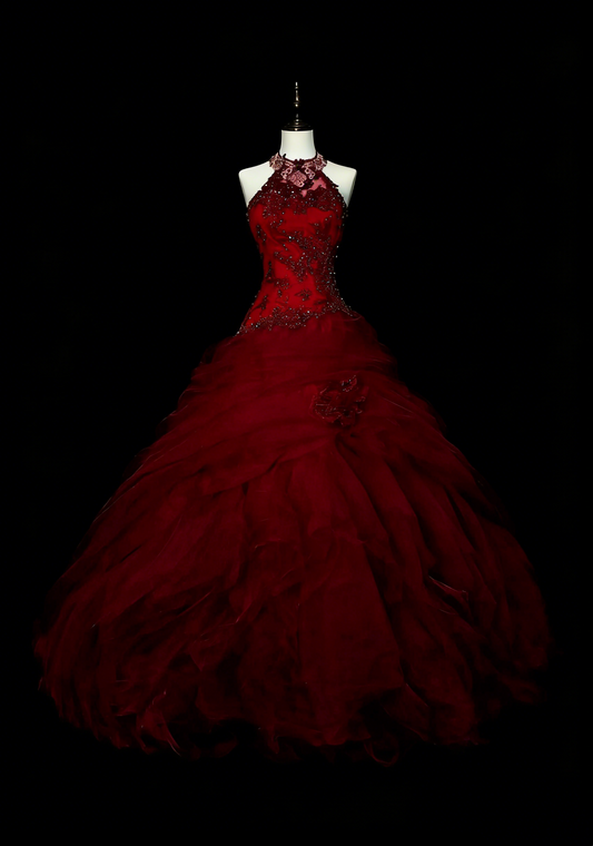 Vintage Ball Gown Halter Burgundy Tulle Sweet 16 Dresses Quinceanera Dress Long 15 Vestidos De Fiesta N1480