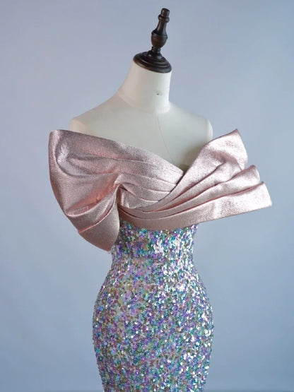 Robe de bal longue sirène à paillettes argentées, épaules dénudées, manches courtes, N685