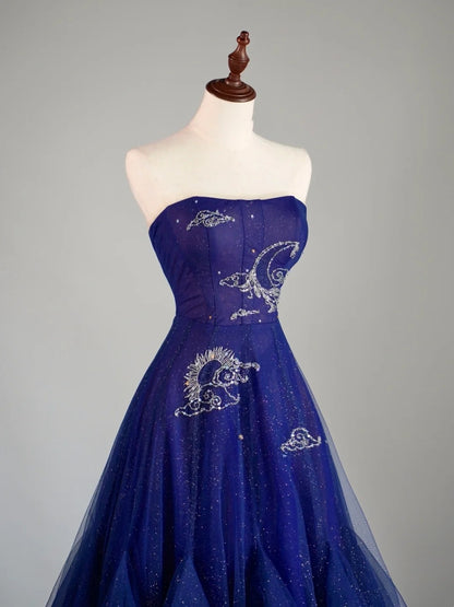 Modest A Line Strapless Tulle Royal Blue Prom Dresses Long for Women Formal Evening Gown AB171