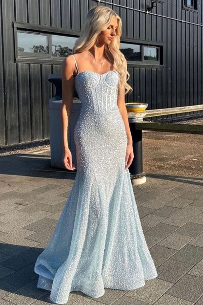 Glänzendes königsblaues Meerjungfrauen-Abendkleid mit Spaghettiträgern und Perlenbesatz, langes Ballkleid, Partykleid RB1671