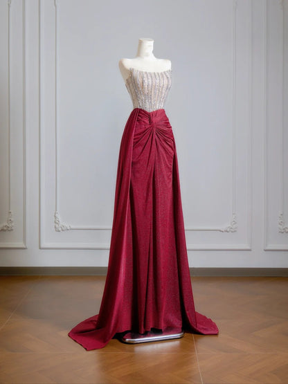 Robe de bal longue bordeaux à paillettes, sans bretelles, fourreau scintillant, idéale pour un 18e anniversaire (N343)