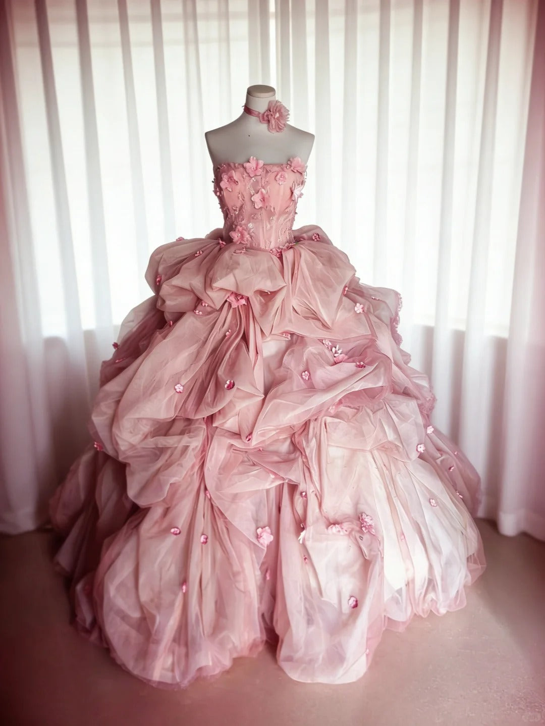 Robes de bal modestes Robe de bal bustier en tulle rose poudré avec fleurs Longue robe de Quinceañera N3047