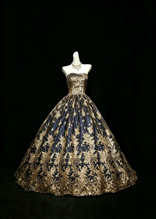 Prinzessin Ballkleid Trägerlos mit gold applizierter Spitze Sweet 16 Kleider Quinceanera Kleid RB3304