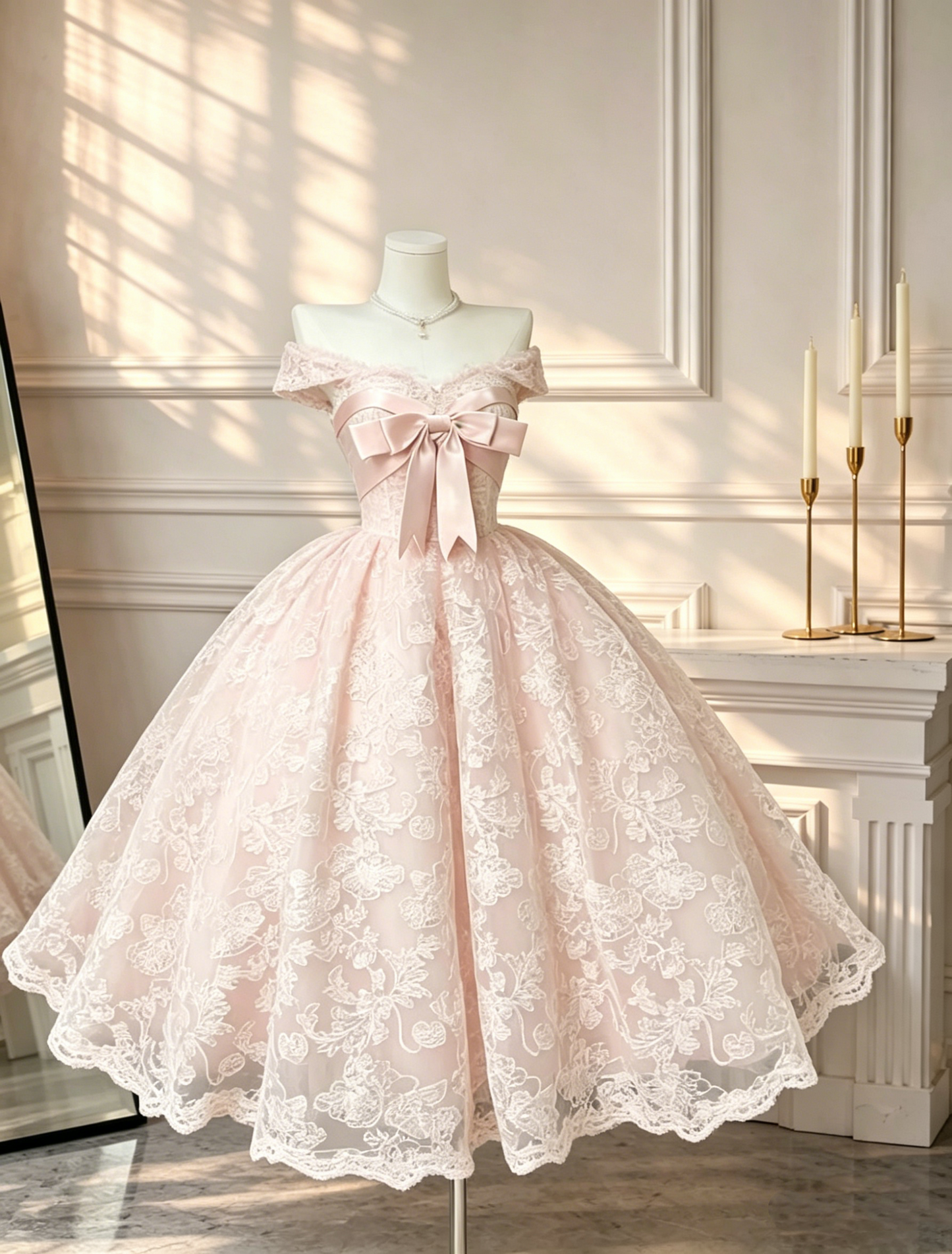Reizendes Ballkleid schulterfrei Rosa Spitze mit kurzen Ärmeln Abendkleid RB3072