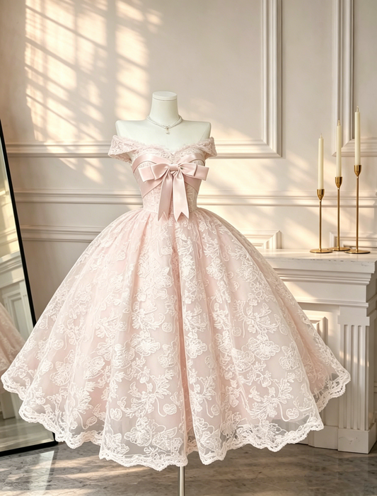 Charming Ball Gown Off The Shoulder Pink Lace With Short Sleeves Evening Formal Dress RB3072