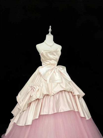 Süße Kleider für den 16. Geburtstag, langes Ballkleid, trägerlos, zartrosa, Satin und Tüll, formelles Abendkleid für den 16. Geburtstag RC0262