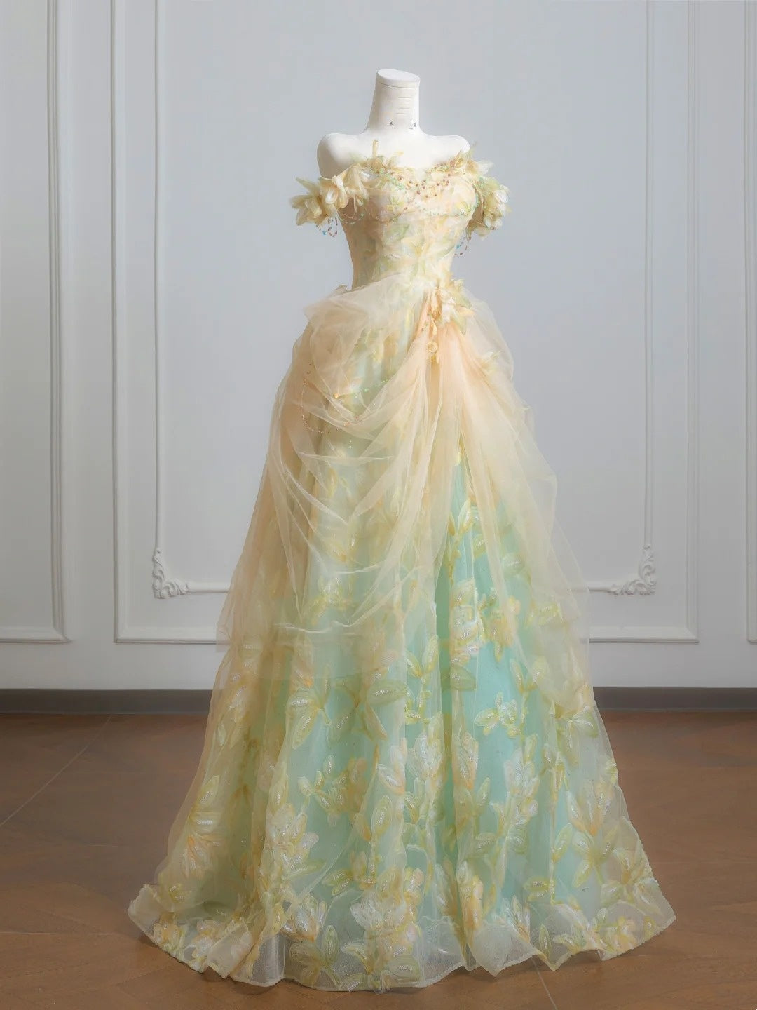 Robe de bal féérique à épaules dénudées en tulle vert à fleurs, longue robe de soirée formelle, robe d'anniversaire formelle, robe de bal N729