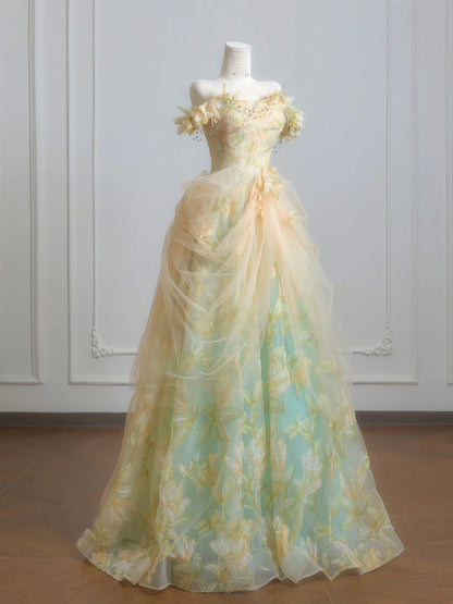 Robe de bal féérique à épaules dénudées en tulle vert à fleurs, longue robe de soirée formelle, robe d'anniversaire formelle, robe de bal N729