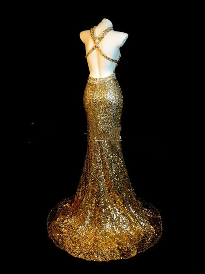 Wunderschöne Abschlussballkleider Meerjungfrau Neckholder Gold Pailletten Rückenfrei Ärmellos Formelle Abendgarderobe N3787