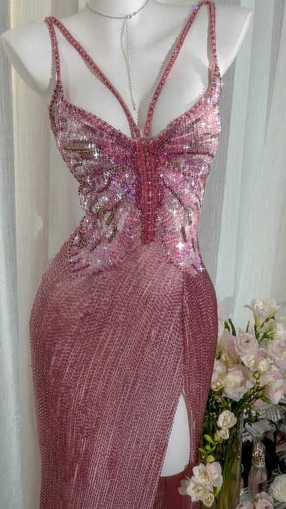 Elegant Prom Dresses Mermaid Spaghetti Strap Pink Sequin Slit Floor Length Formal Evening Outfits N3521
