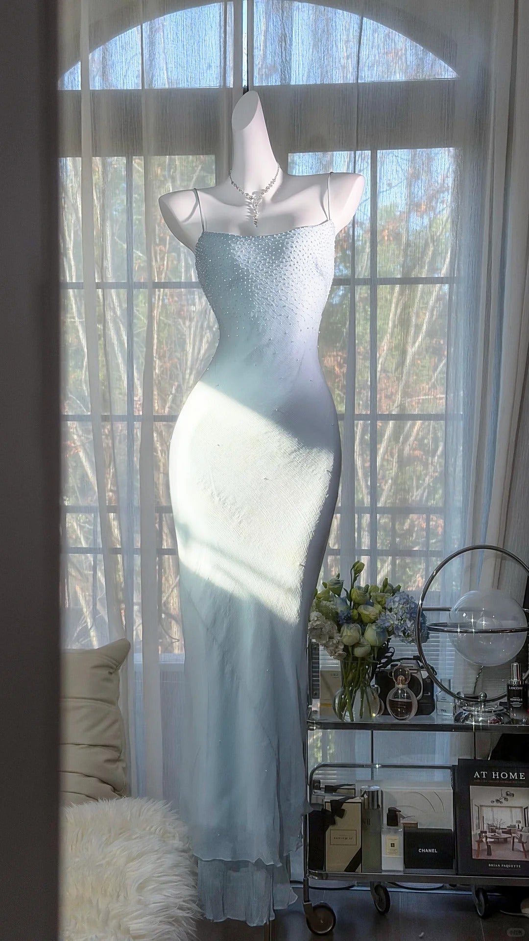 Elegant Prom Dresses Mermaid Spaghetti Strap Light Sky Blue Chiffon Floor Length Formal Evening Outfits N3522