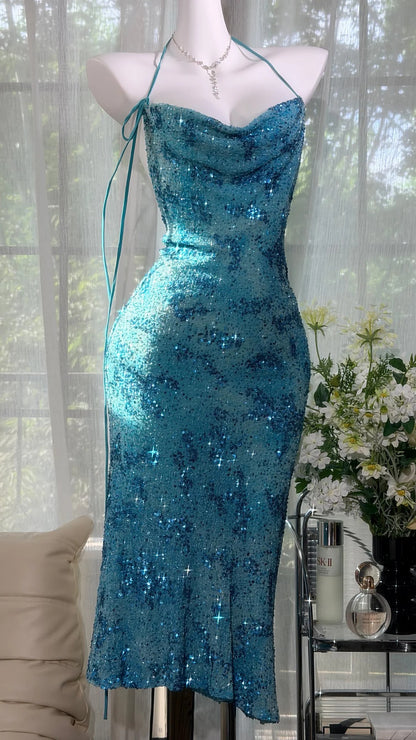Klassisches Meerjungfrau-Neckholder-Kleid in Blau mit Pailletten und Perlen, mittellang, Teelänge, für den Abschlussball, Inspo, formelle Outfits RB4509