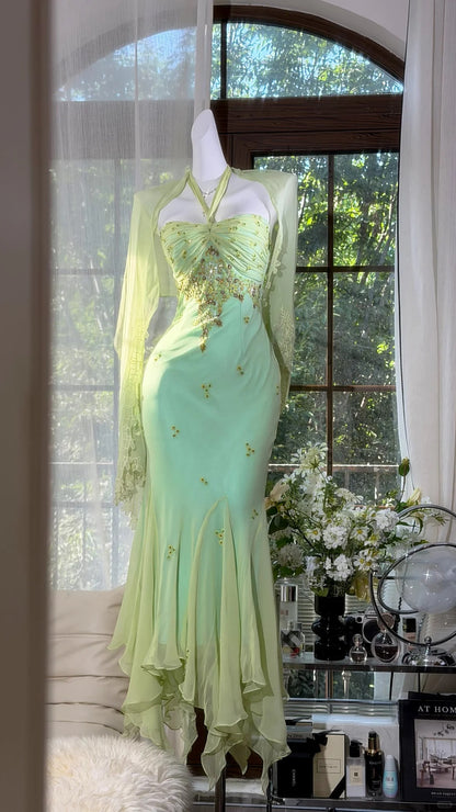 Classic Mermaid Halter Green Chiffon With Scarf Ankle Length Prom Dresses Inspo Formal Outfits RB4511