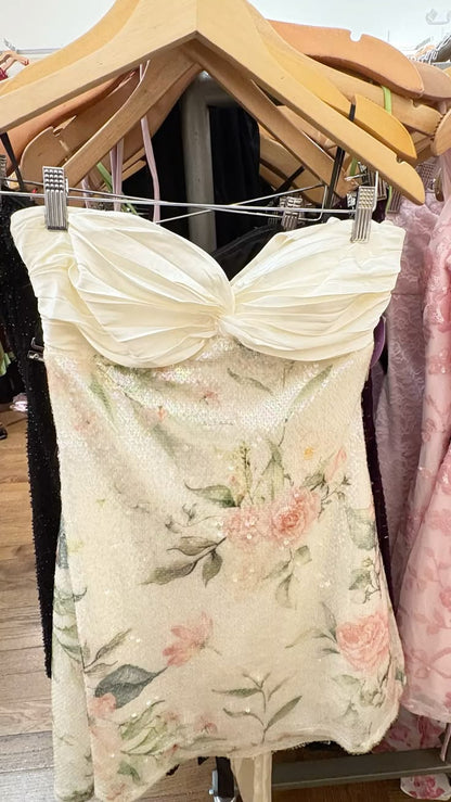 Glitter A Line Spaghetti Straps Champagne Floral Spring dress Sequin Short Homecoming 21th 16th Birthday Cocktail Ideas Outfits RB8306