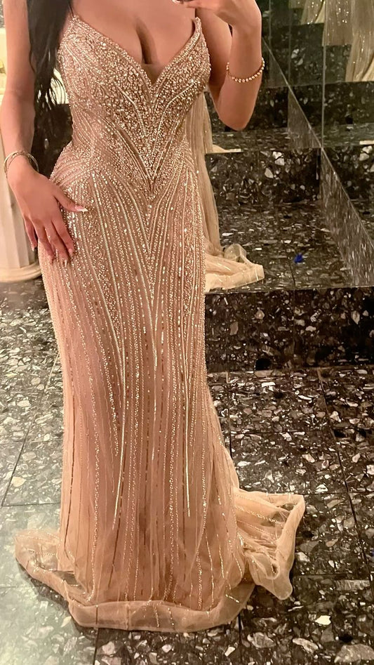 Sexy Mermaid Spaghetti Strap Champagne Tulle Sleeveless Prom Dresses Long Formal Party Gown N1411