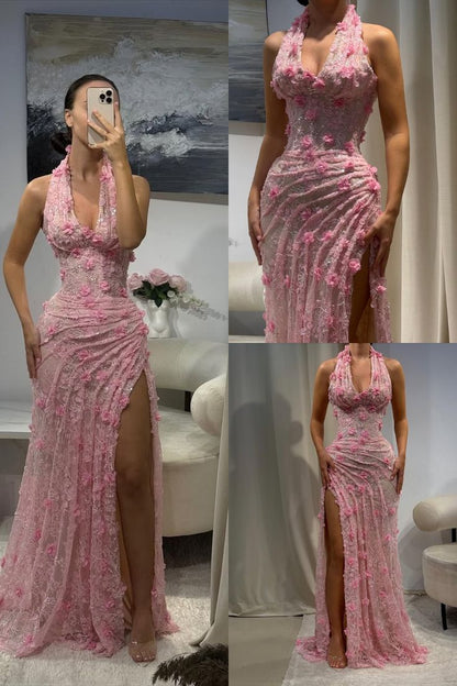 Elegantes Meerjungfrauen-Abendkleid mit Neckholder, V-Ausschnitt, rosa Spitze und hohem Schlitz – ein stilvolles Kleid für Teenager, ideal für festliche Anlässe, Partys und Abschlussbälle (AB1123).