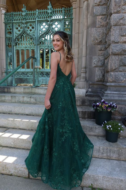 Schlichtes, langes, dunkelgrünes Tüll-Abendkleid in A-Linie mit Spaghettiträgern und Spitze, formelles Partykleid AB461