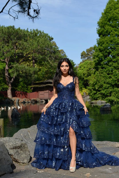 Elegantes Ballkleid mit Herzausschnitt, Spitzenträgern, marineblau, lang, plissiert, Rüschen, Schlitz, Abiballkleider Vestidos De Dia AB556