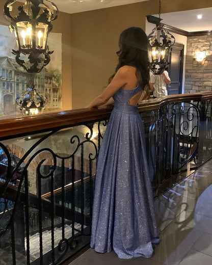 Glänzendes, blaues, rückenfreies Pailletten-Abendkleid mit A-Linien-Schnitt, eckigem Ausschnitt und für Teenager – formelles Abendkleid, Partykleid, Ballkleid AB1038