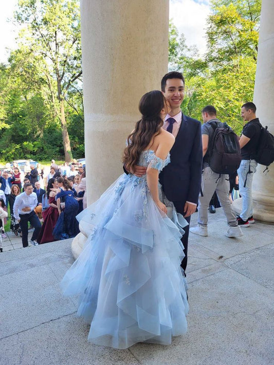 Niedliches Ballkleid, schulterfrei, hellblau, aus Spitze und Tüll, Abschlussballkleid, Partykleid, Geburtstagskleid, Abschlusskleid AB1041