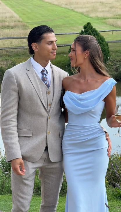 Sexy Mermaid One Shoulder Light Sky Blue Chiffon With Pleated Evening Spring Summer Beach Formal Wedding Guest Dresses N2558