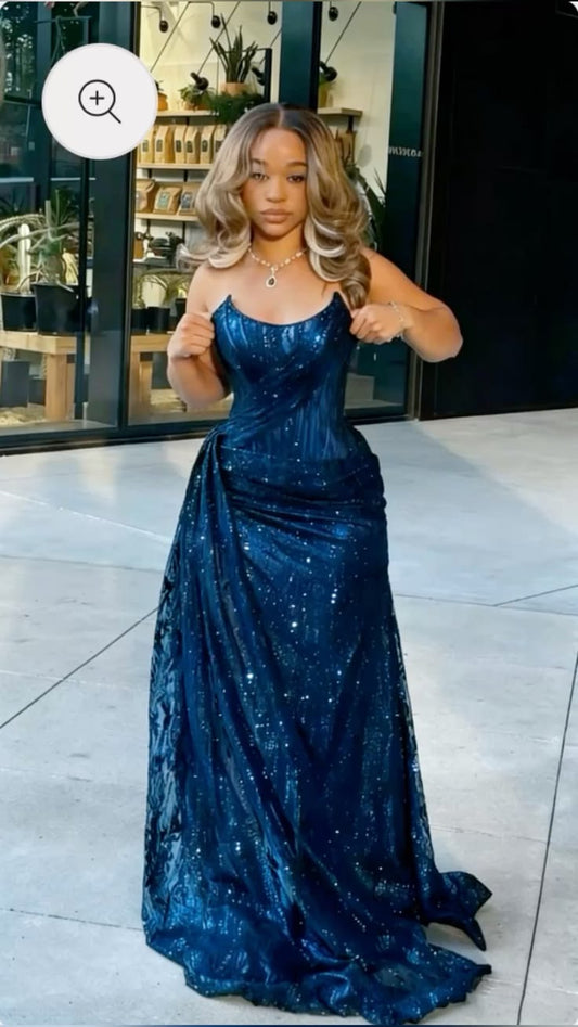 Glitzerndes trägerloses nachtblaues langes Partykleid, Ballkleid, Pailletten-Meerjungfrau, figurbetont für Damen N4092