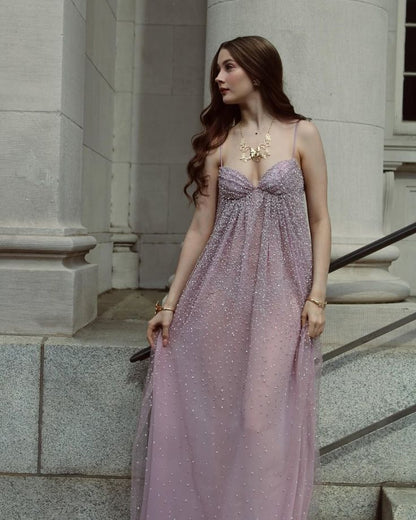Modest A Line Spaghetti Strap Lilac Sequins Long Summer Beach Black Tie Prom Dresses Spring Wedding Guest Dress N1397