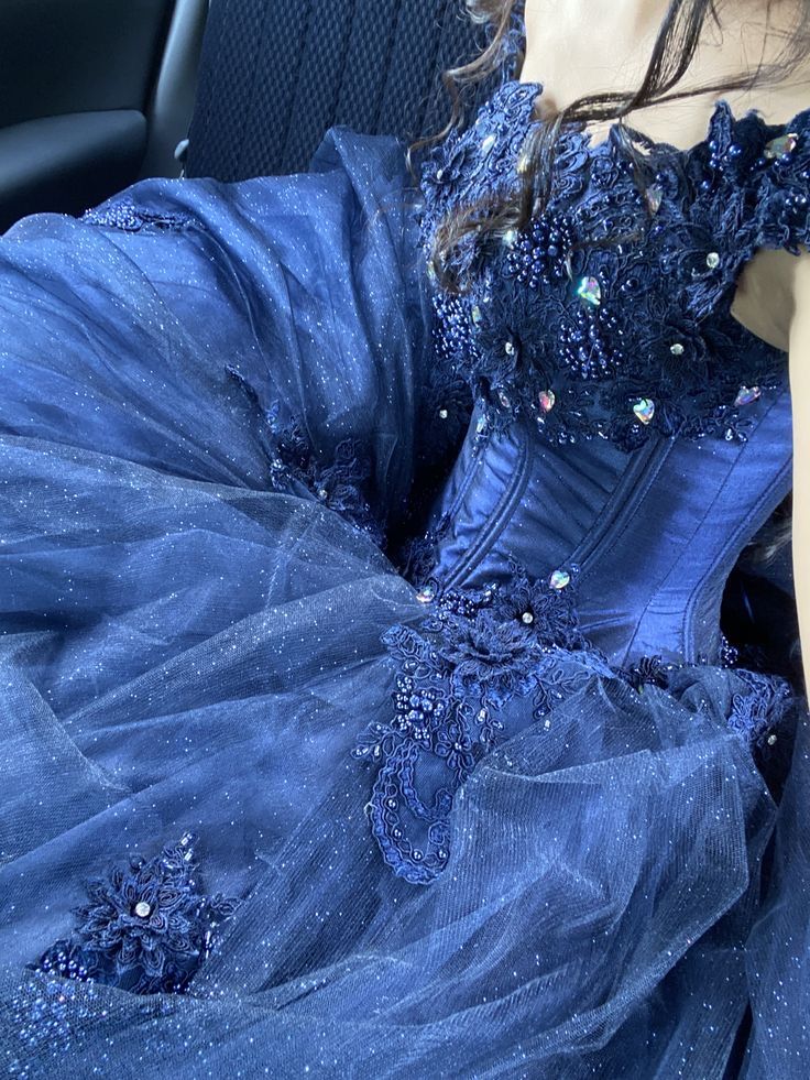 Modest Ball Gown Off The Shoulder Navy Blue Tulle With Short Sleeves Appliques Long Prom Dresses Party Dress Sweet 16 Birthday Outfits Graduation Dress AB1065