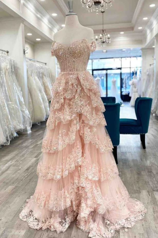 Pretty Off The Shoulder Pink Lace Slit Long Formal Prom Dresses Party Dresses AB1570
