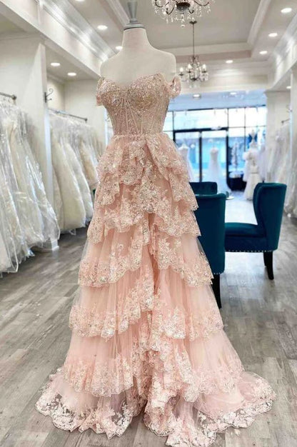Pretty Off The Shoulder Pink Lace Slit Long Formal Prom Dresses Party Dresses AB1570
