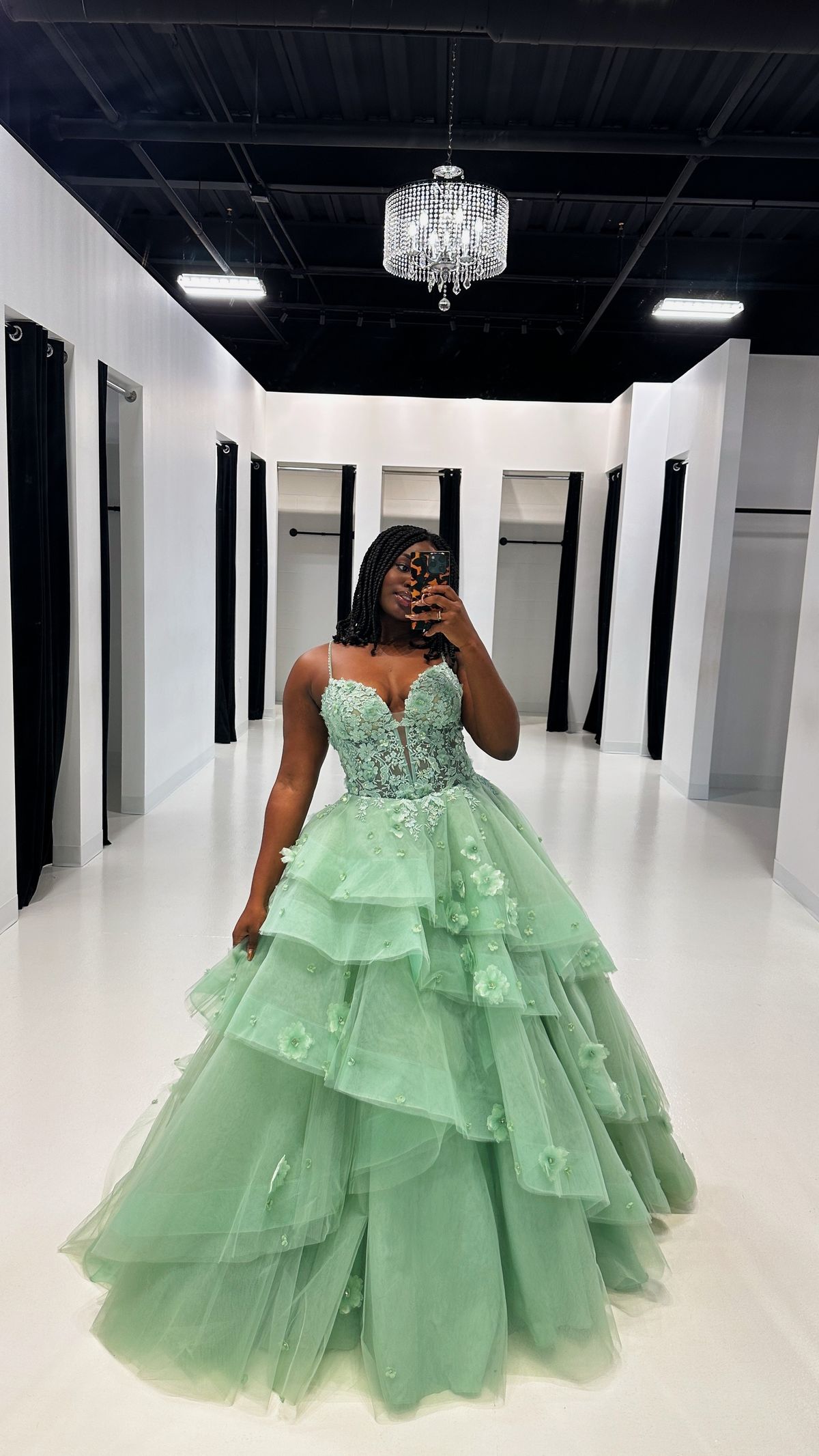 Elegant Sage Green Prom Dress Floral Tiered Ruffles Ball Gown Sweetheart Corset Long Formal Dress AB482