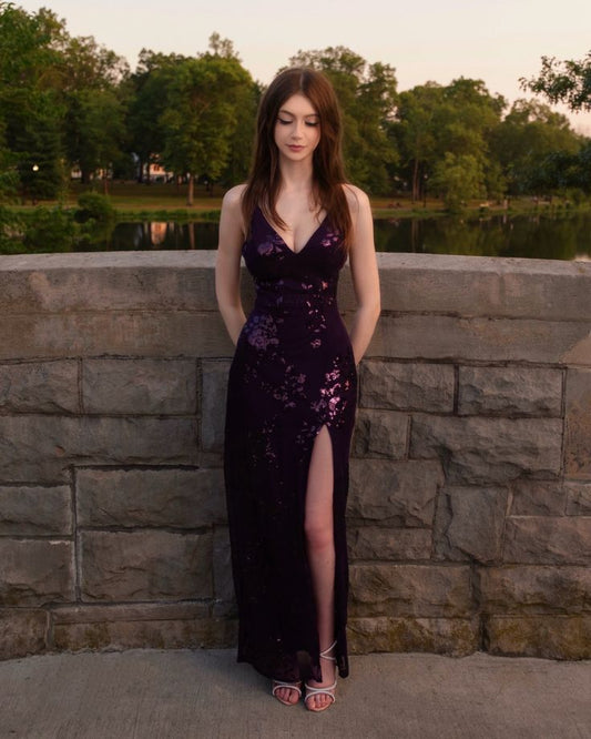 Purple Slit Long Mermaid Prom Dresses Formal Sparkly Evening Gowns AB1590
