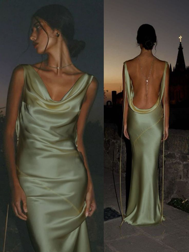 Sirène modeste Col bénitier Vert sauge Satin Dos nu Robes de soirée Printemps Été Plage Formelle Invitée de mariage N2559