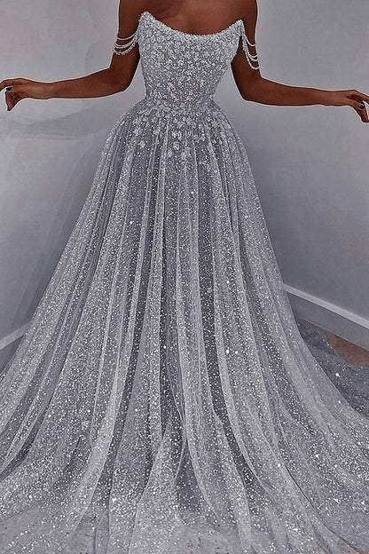 Hellblaues, schulterfreies, langes Pailletten-Abendkleid AB929