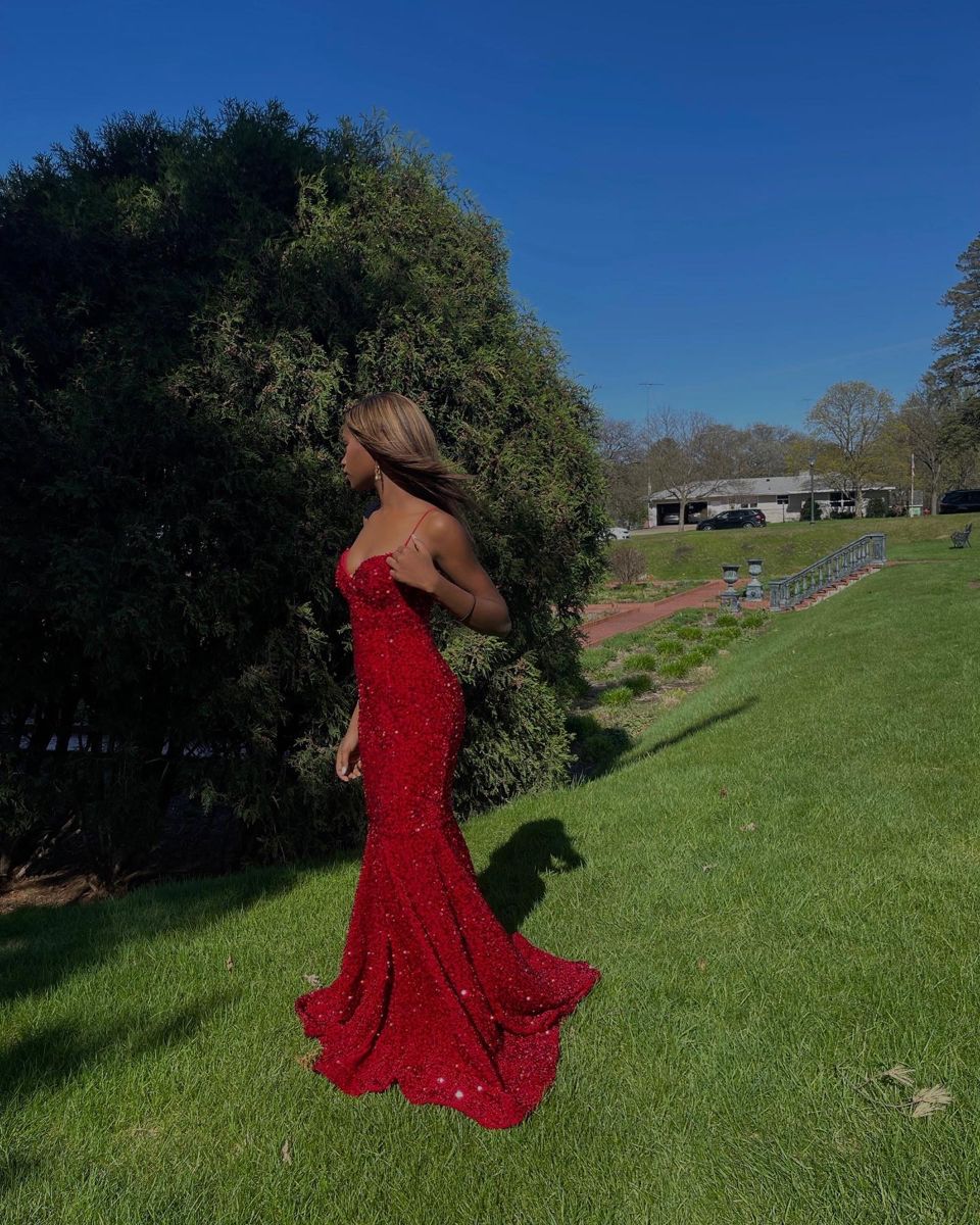 Red V-Neck Mermaid Long Prom Dress Evening Dress Birthday Outfits Prom Gown AB934