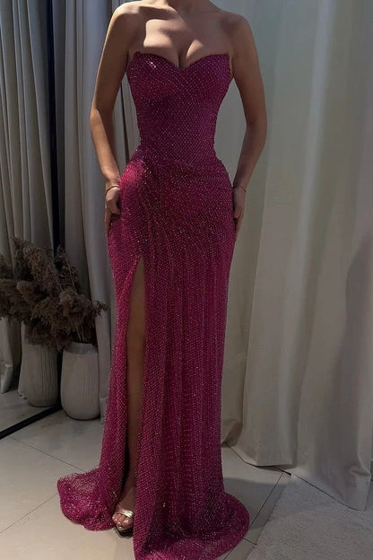 Sweetheart Sleeveless Ruch Side Slit Sheath Sparkly Prom Dresses AB926