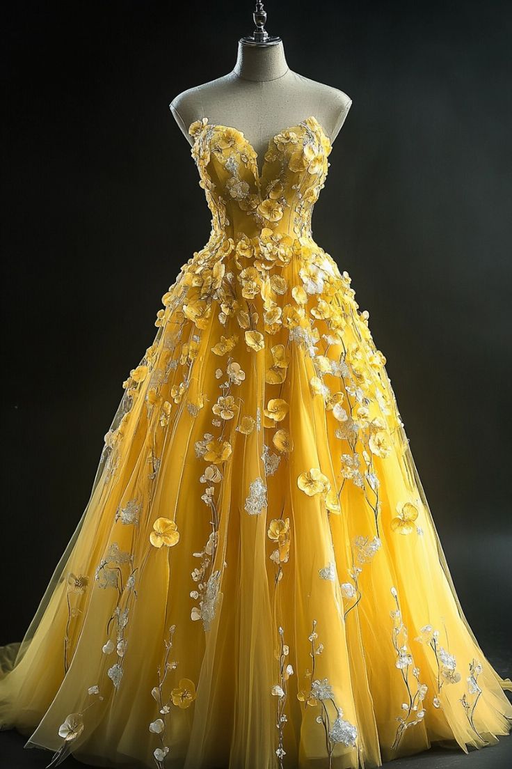 Luxurious Ball Gown Sweetheart Yellow With Flowers 2026 Prom Dress 16 Birthday Party Dress For Women Formal Gown AB1208