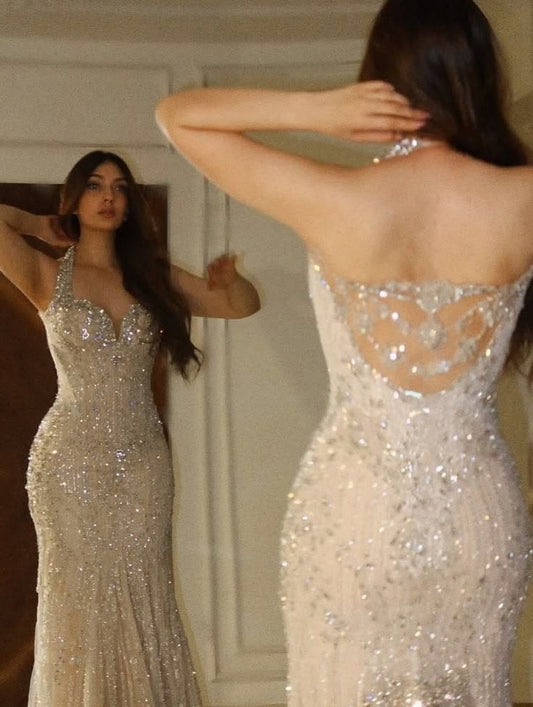Modest Mermaid Halter Champagne Sleeveless Spring Summer Event Outfits Wedding Guest Dresses RB3811
