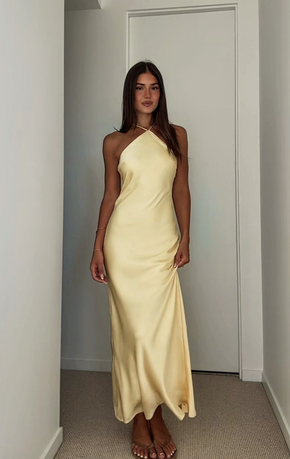 Cute A line Halter Yellow Long Summer Beach Black Tie Prom Dresses Spring Wedding Guest Dress N1406