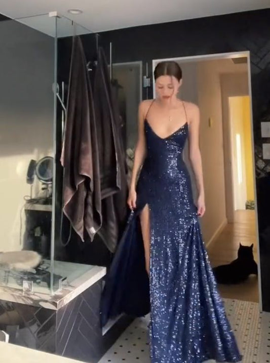 Robe de bal longue sirène sexy à fines bretelles noires et sequins, fendue et lacée, N404