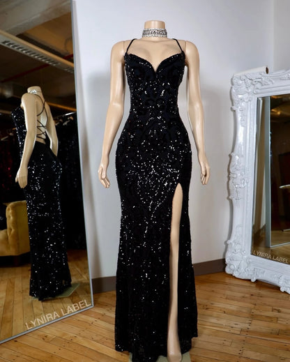 Black Long Prom Dresses For Black Girls Slit Lace Sparkly American African Evening Gowns N797