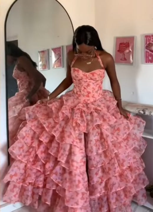Robe de bal longue et élégante en mousseline rose à fleurs, dos nu, sans manches, N1412