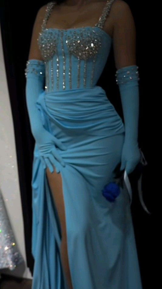 Sexy Meerjungfrau Trägerlos Mit Trägern Blau Mit Perlen Handschuhe Abschlussballkleider Für Teenager Formelles Kleid Party-Outfits RB3018
