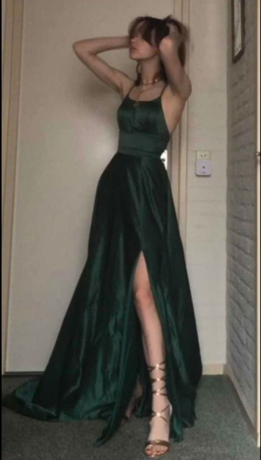 Robe de bal longue vert foncé sans manches, dos nu et fente, modèle AB1718