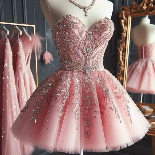 Cute Ball Gown Sweetheart Tulle Pink With Beading Cocktail Dress Short Mini Homecoming Dresses RB6313