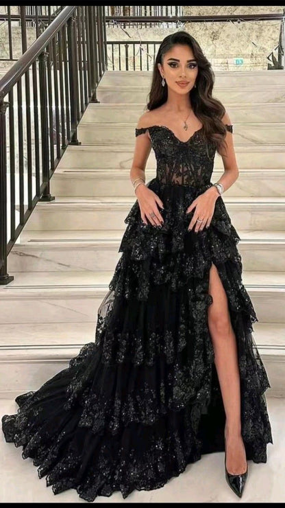 Robe de bal sexy à épaules dénudées en dentelle fendue pour jeunes filles noires, robe de bal longue à paillettes pour soirée formelle N790