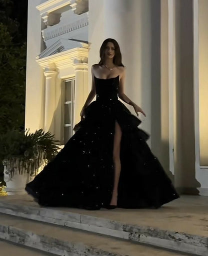 Funkelndes, trägerloses schwarzes Ballkleid mit Schlitz, Pailletten, langes formelles Partykleid N794