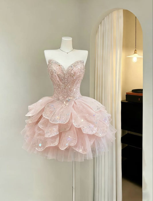 Sparkly Ball Gown Sweetheart Pink Satin Homecoming Dress With Beading Tiered Layers Party Dresses RB6815